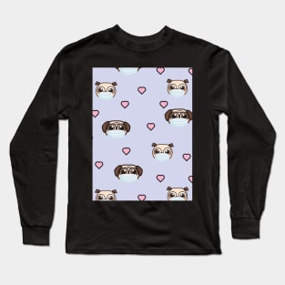 Cute Pugs Wearing Masks Pattern With Pink Hearts Shapes  Graphic illustrations Long Sleeve T-Shirt